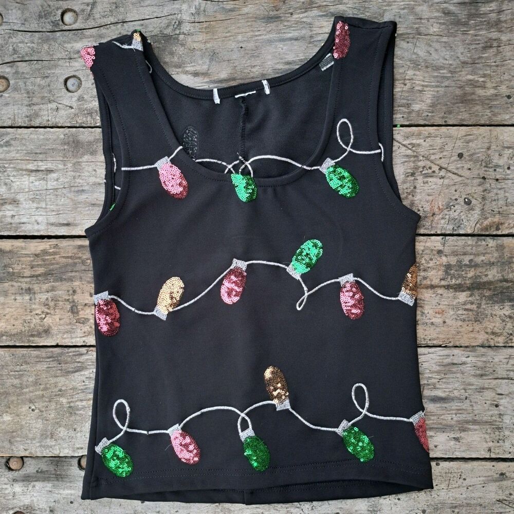 Vintage Women's XS Christmas Xmas Ornament Sequin Lights Tank Top Shirt Black